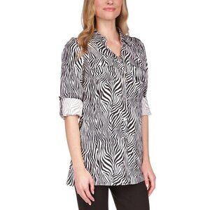 Michael Kors Womens Zebra Print Tunic Top XS Black Button Down Linen Blend NWT
